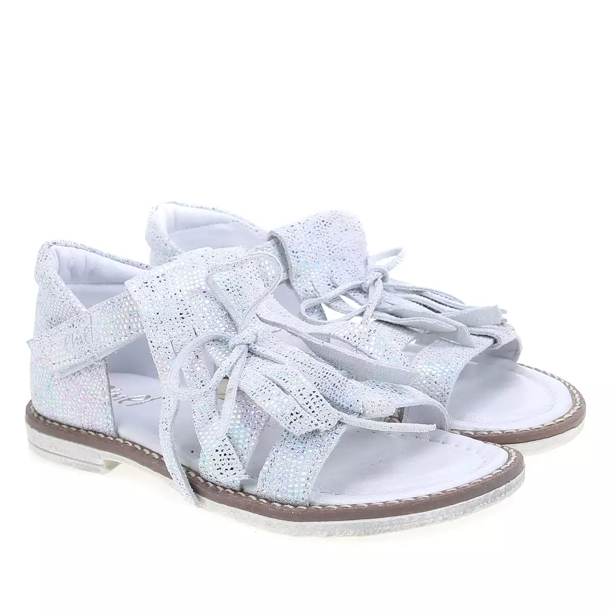 (2618A) Emel white shiny sandals fringes