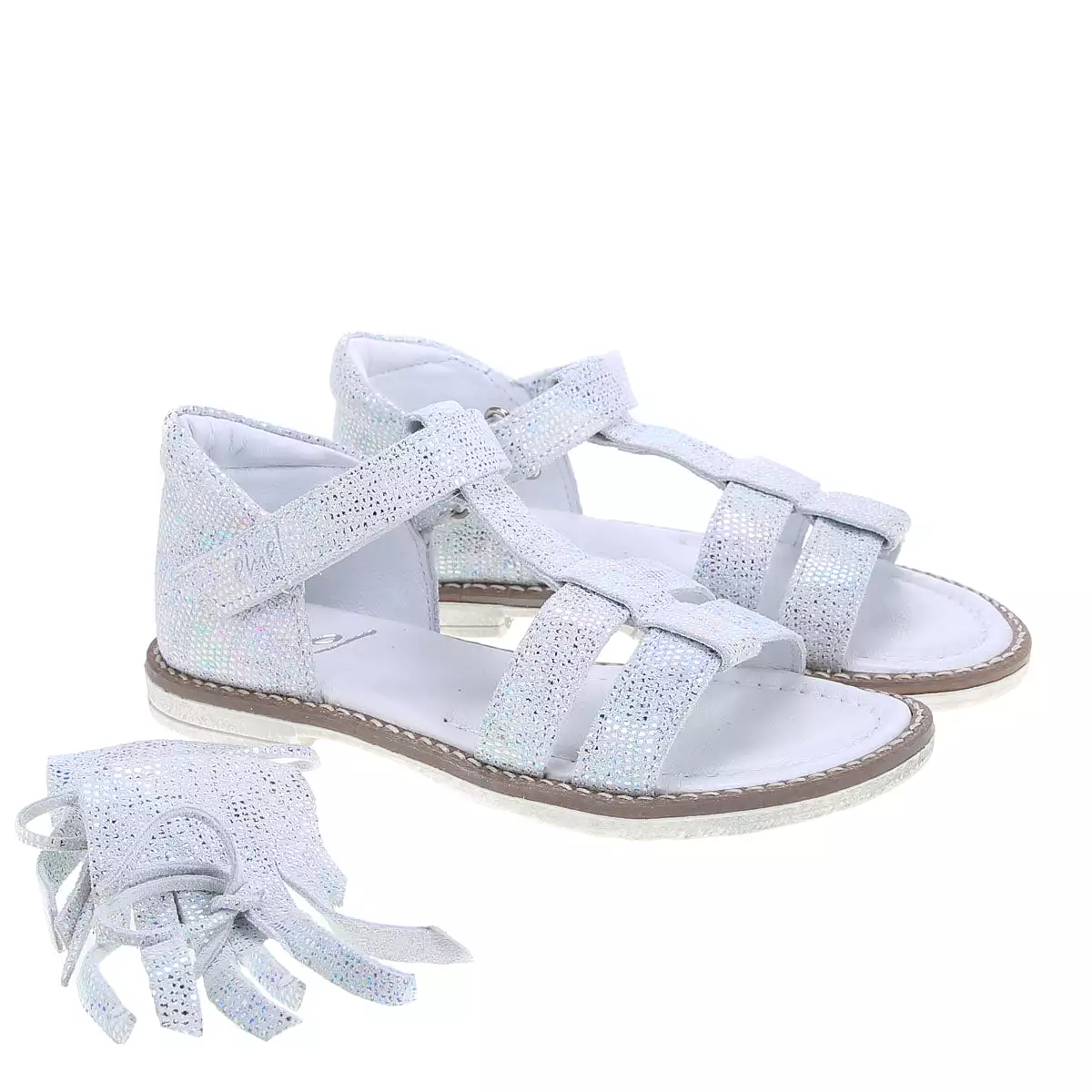 (2618A) Emel white shiny sandals fringes