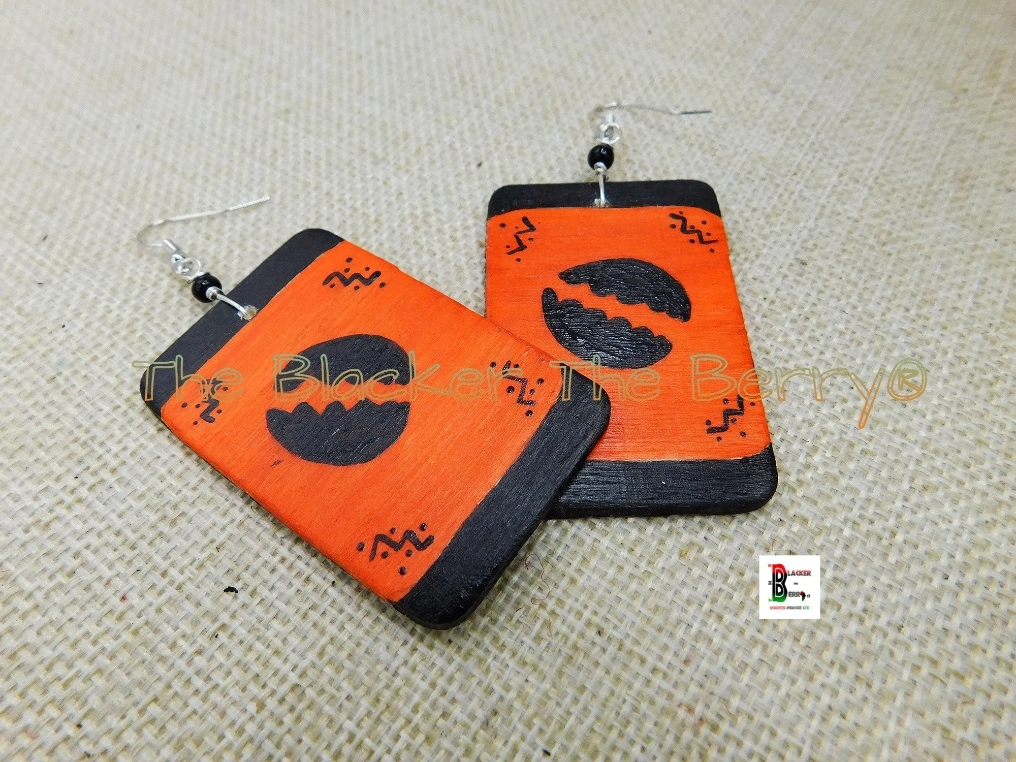 African Earring Orange Black Hand Painted The Blacker The Berry