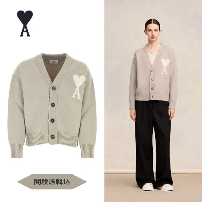 AMI PARIS  |Casual Style Wool Long Sleeves Logo Cardigans