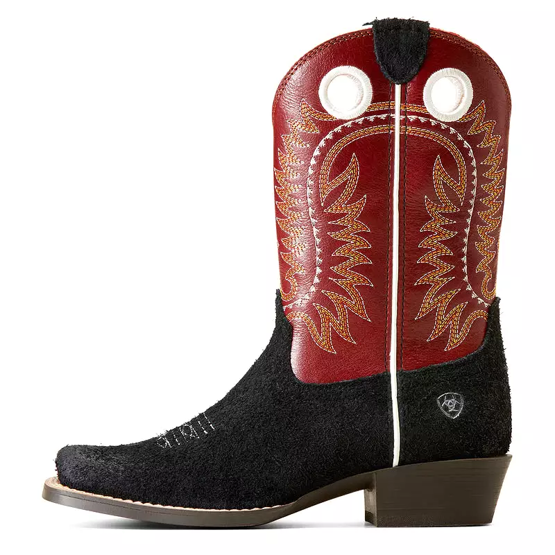 'Ariat' Kids' 9 Derby Monroe Western Cutter Toe - Black Roughout / Crimson