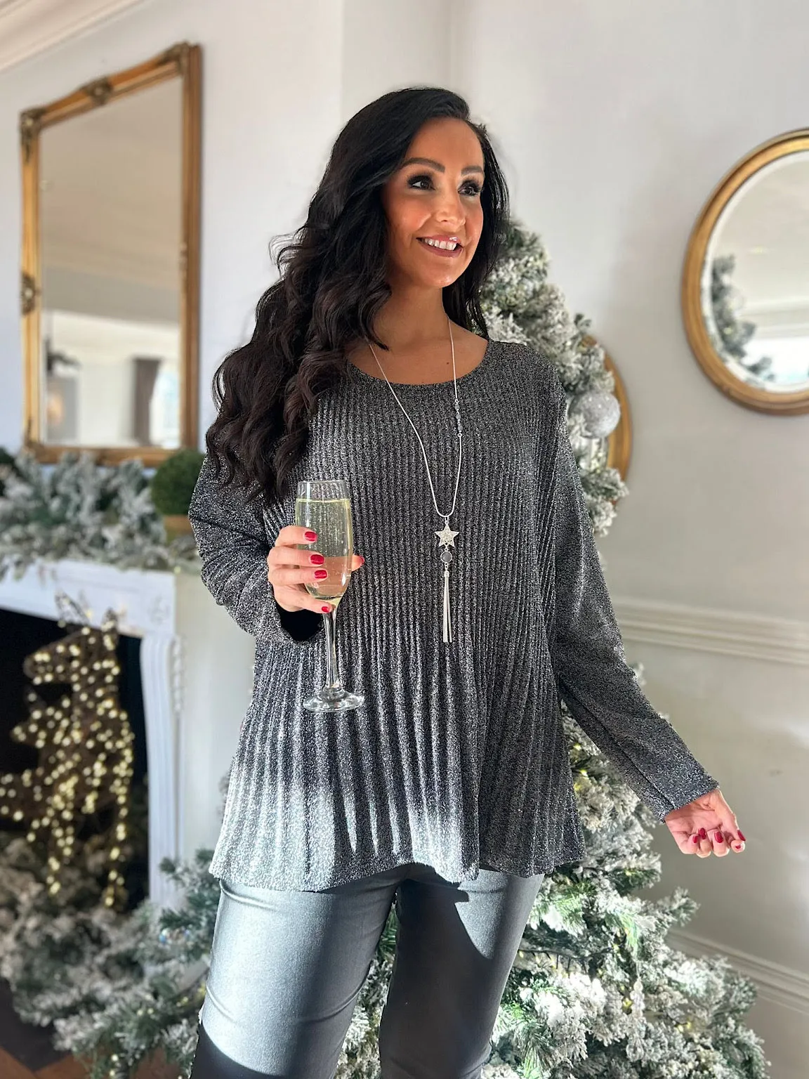 Black Pleated Shimmer Top Sally