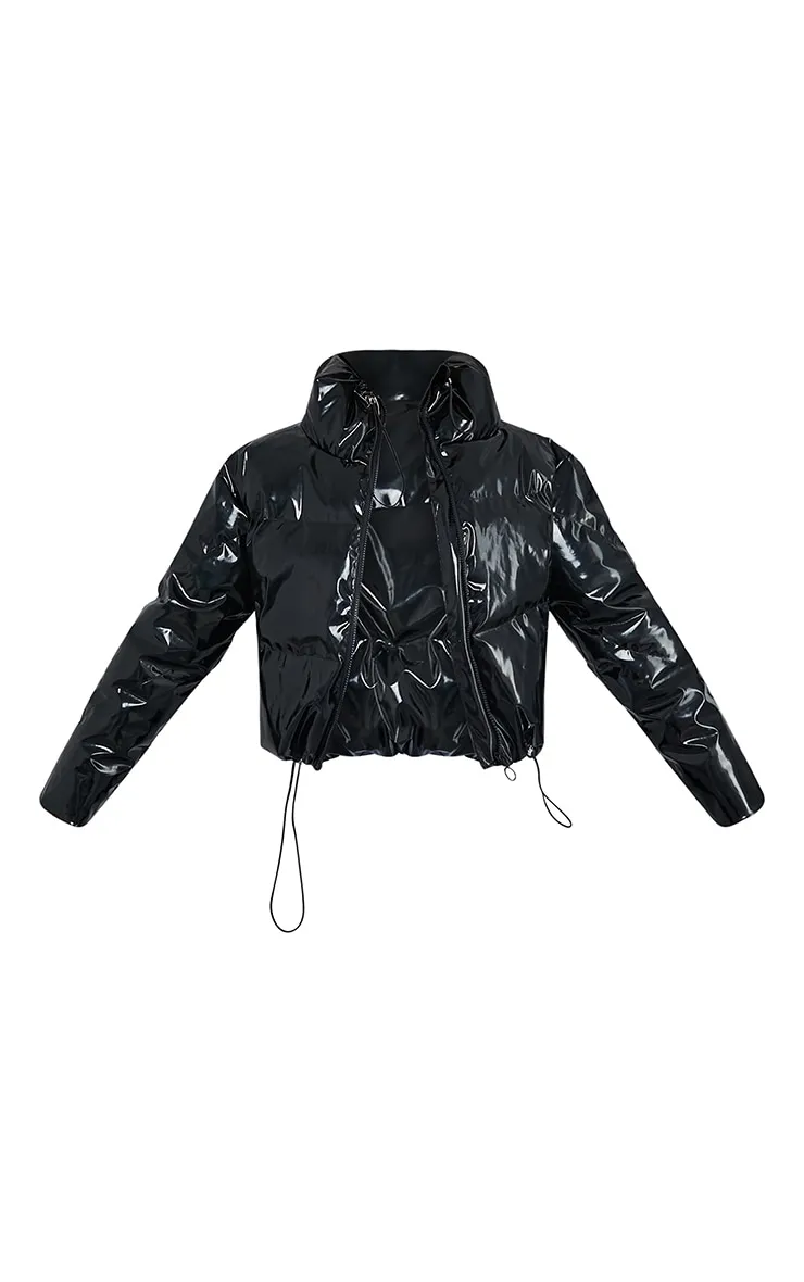 Black Vinyl Funnel Neck Panelled Puffer