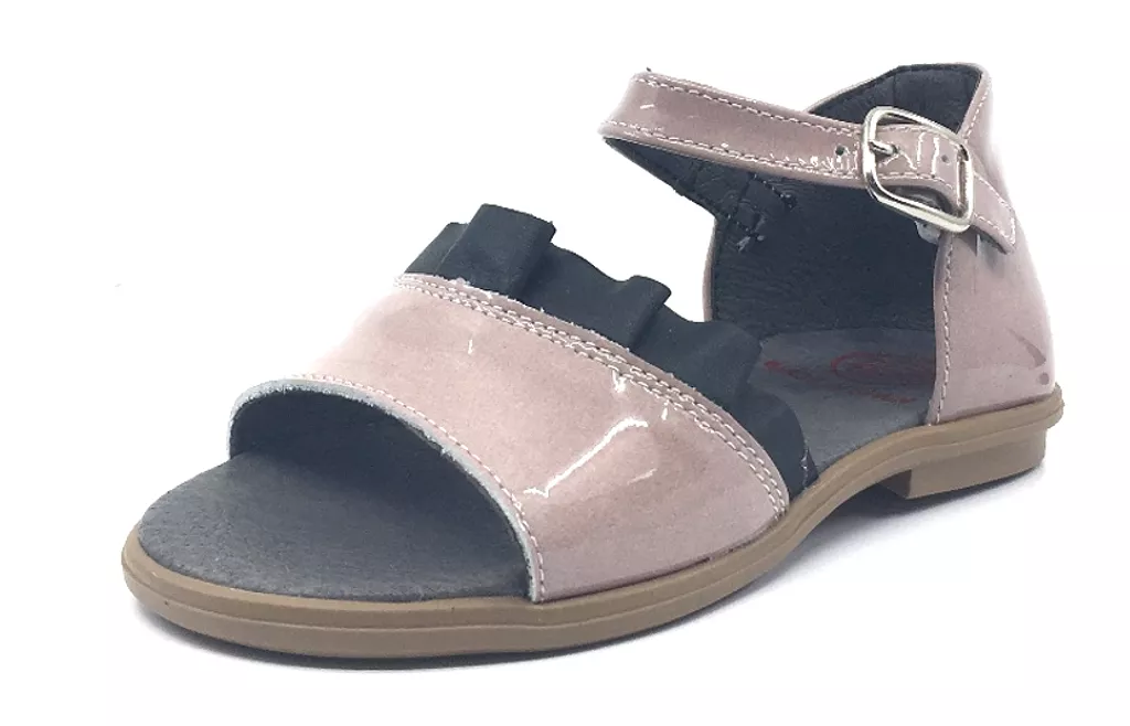 BluBlonc Girl's Rose Pink Patent Leather with Black Ruffle Sandal Flat