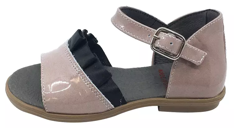 BluBlonc Girl's Rose Pink Patent Leather with Black Ruffle Sandal Flat