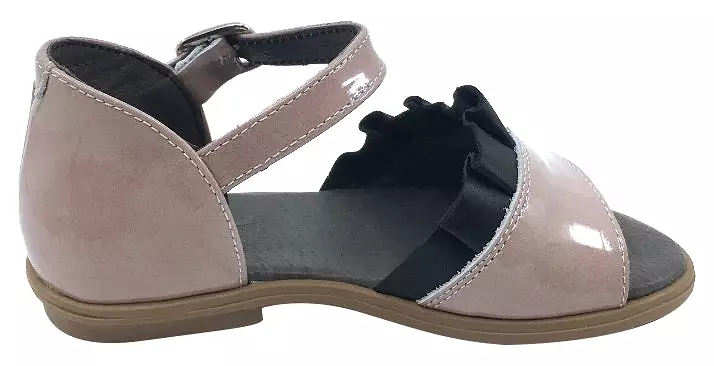 BluBlonc Girl's Rose Pink Patent Leather with Black Ruffle Sandal Flat