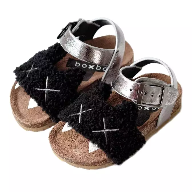 Boxbo Girl's Canine Cork Sandal, Black/Silver