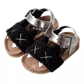 Boxbo Girl's Canine Cork Sandal, Black/Silver