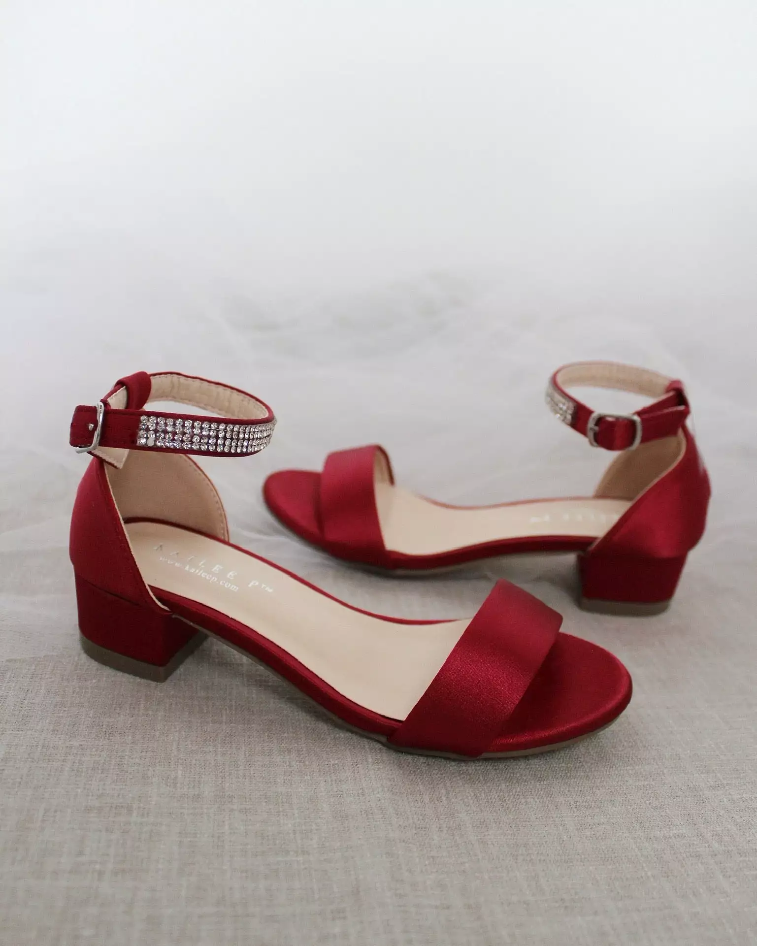 Burgundy Girls Satin Block Heel Sandals with Embellished Ankle Strap