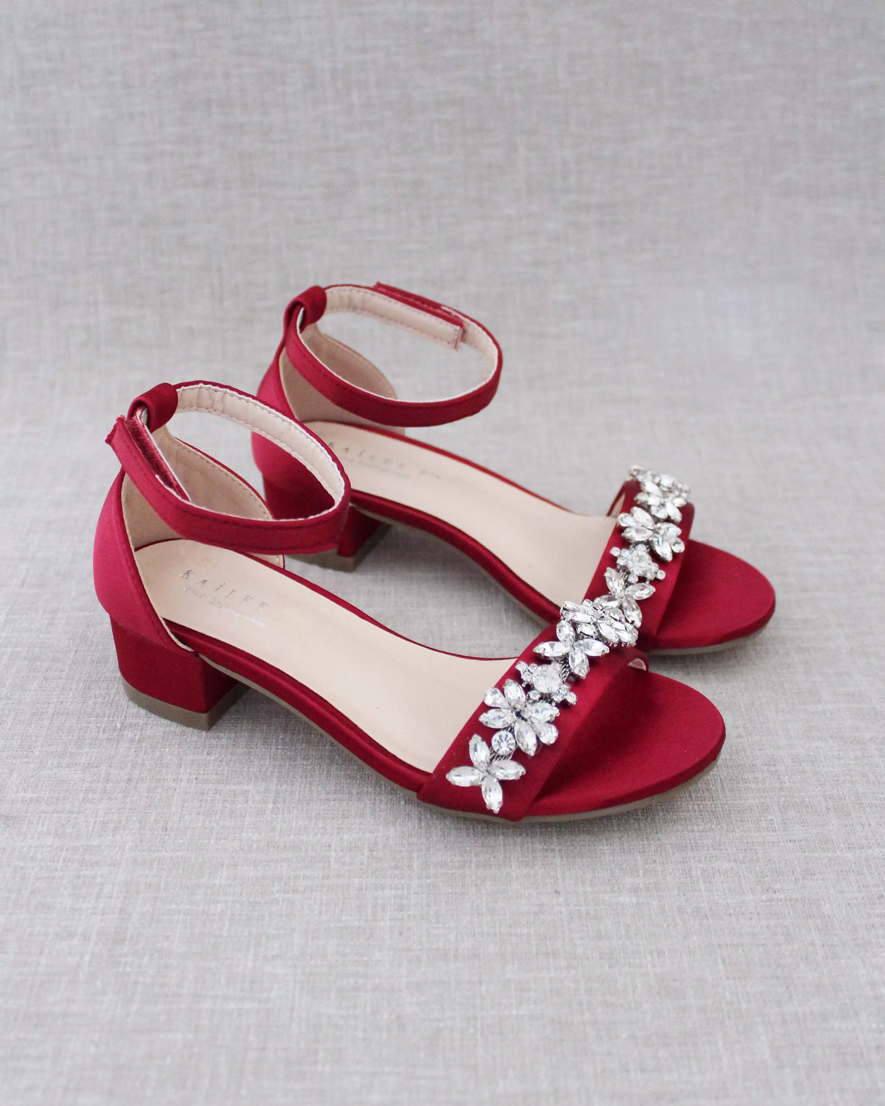 Burgundy Girls Satin Block Heel Sandals with Floral Rhinestones