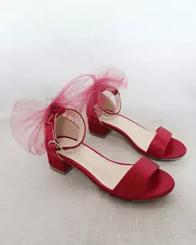 Burgundy Satin Girls Block Heel Sandals with Tulle Back Bow