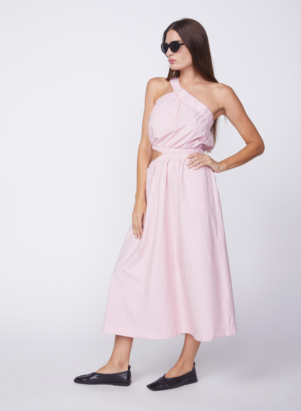 Fine Poplin One-Shoulder Midi Dress in Lipstick