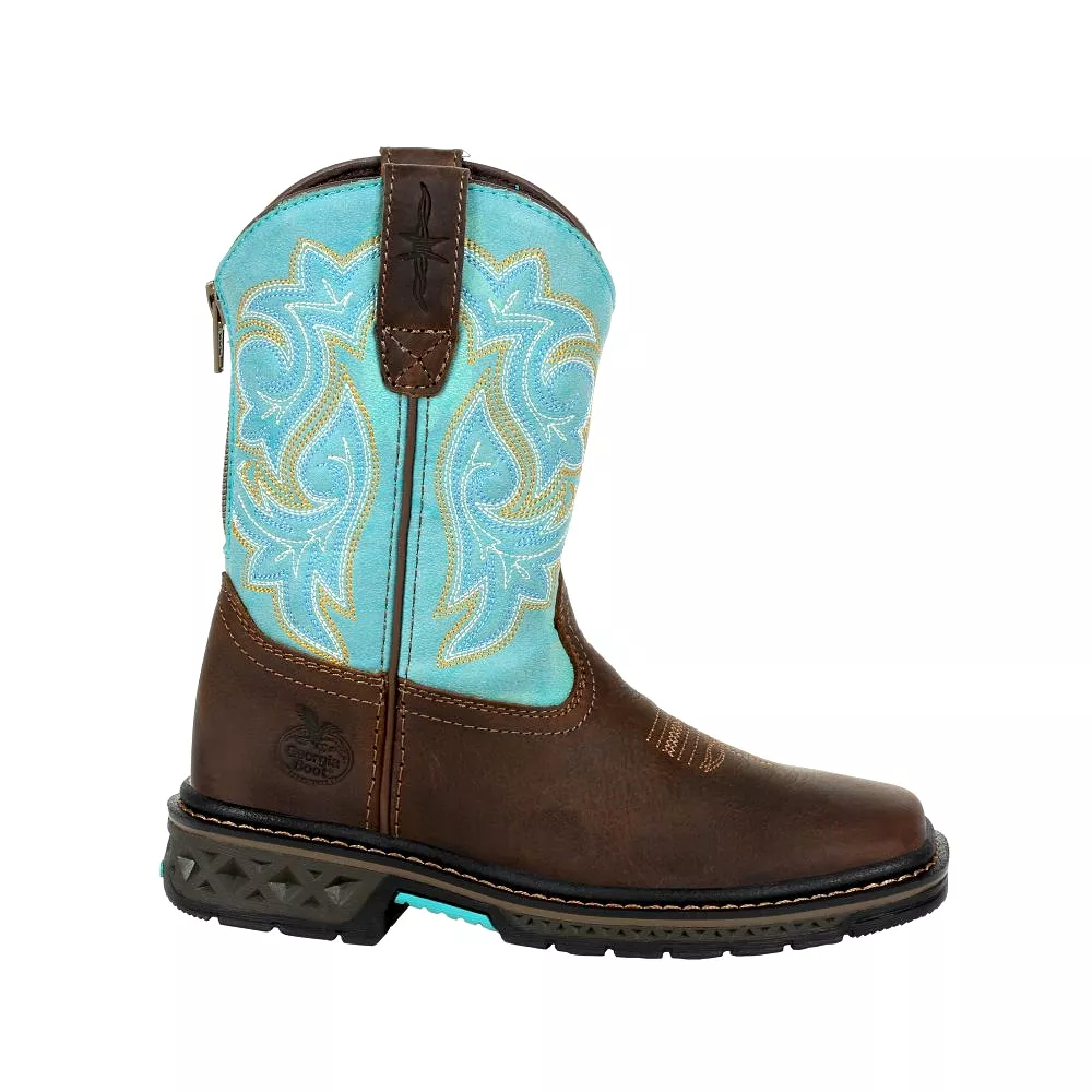 'Georgia Boot' Youth 8 Carbo-Tec Western Square Toe - Brown / Turquoise (Sizes 3.5Y-6Y)