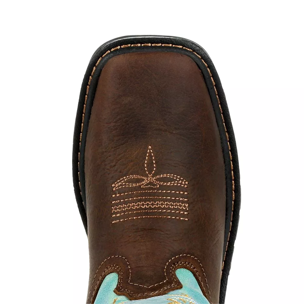 'Georgia Boot' Youth 8 Carbo-Tec Western Square Toe - Brown / Turquoise (Sizes 3.5Y-6Y)