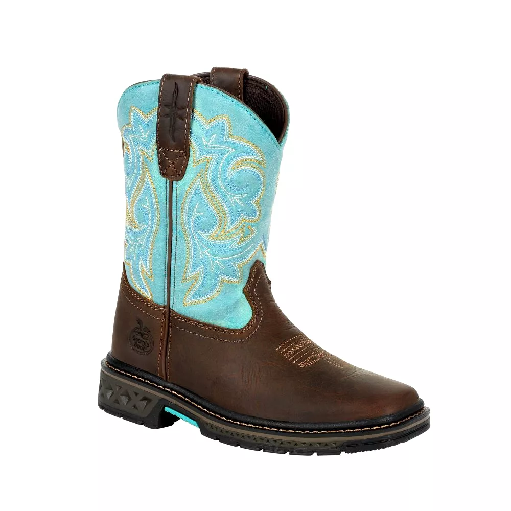 'Georgia Boot' Youth 8 Carbo-Tec Western Square Toe - Brown / Turquoise (Sizes 3.5Y-6Y)