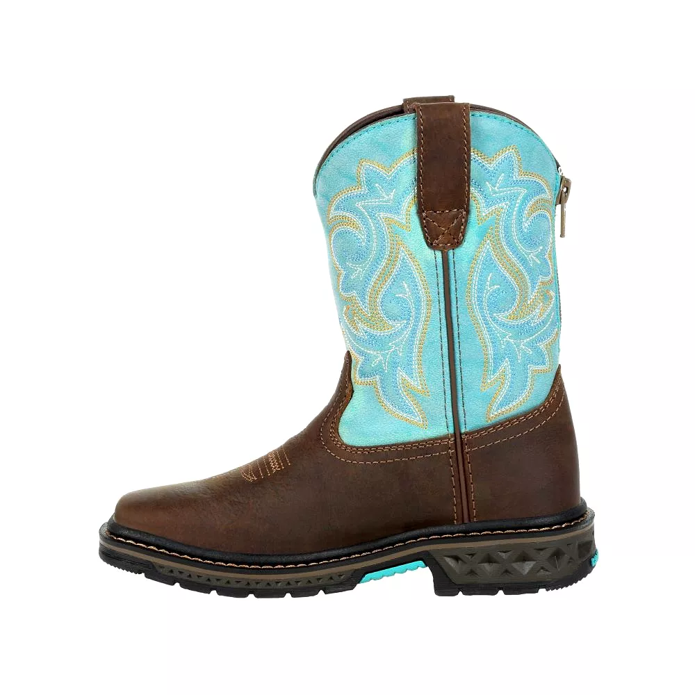 'Georgia Boot' Youth 8 Carbo-Tec Western Square Toe - Brown / Turquoise (Sizes 3.5Y-6Y)