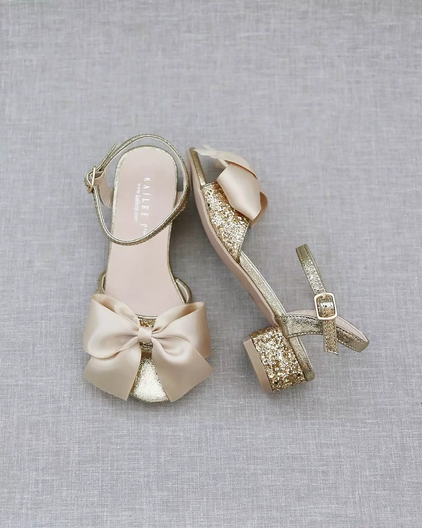 Gold Rock Glitter Block Heel Sandals with Bow