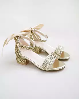 Gold Rock Glitter Low Block Heel Girls Sandals with Back Satin Bow