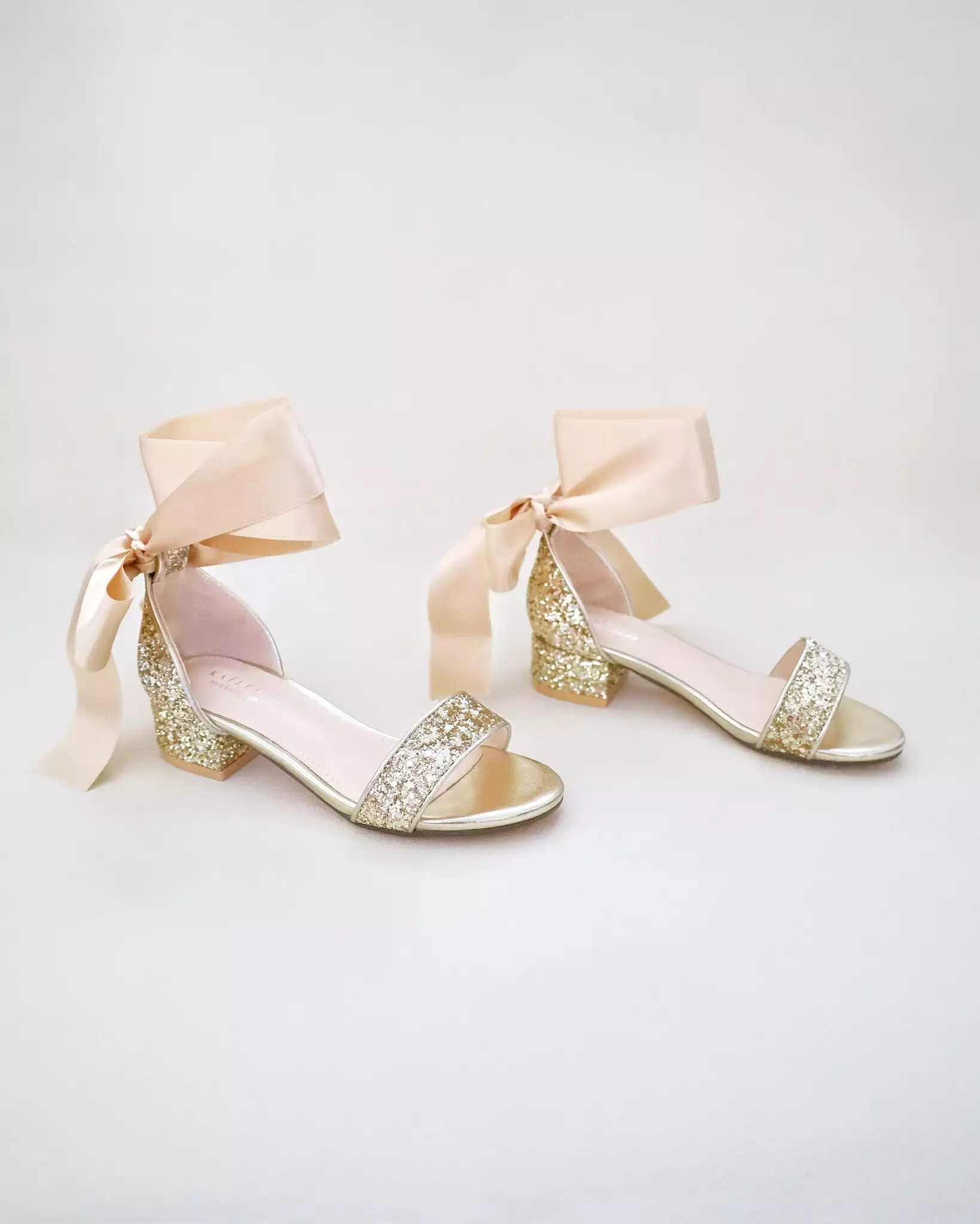 Gold Rock Glitter Low Block Heel Girls Sandals with Wrapped Satin Tie