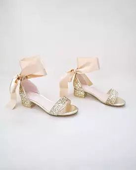 Gold Rock Glitter Low Block Heel Girls Sandals with Wrapped Satin Tie