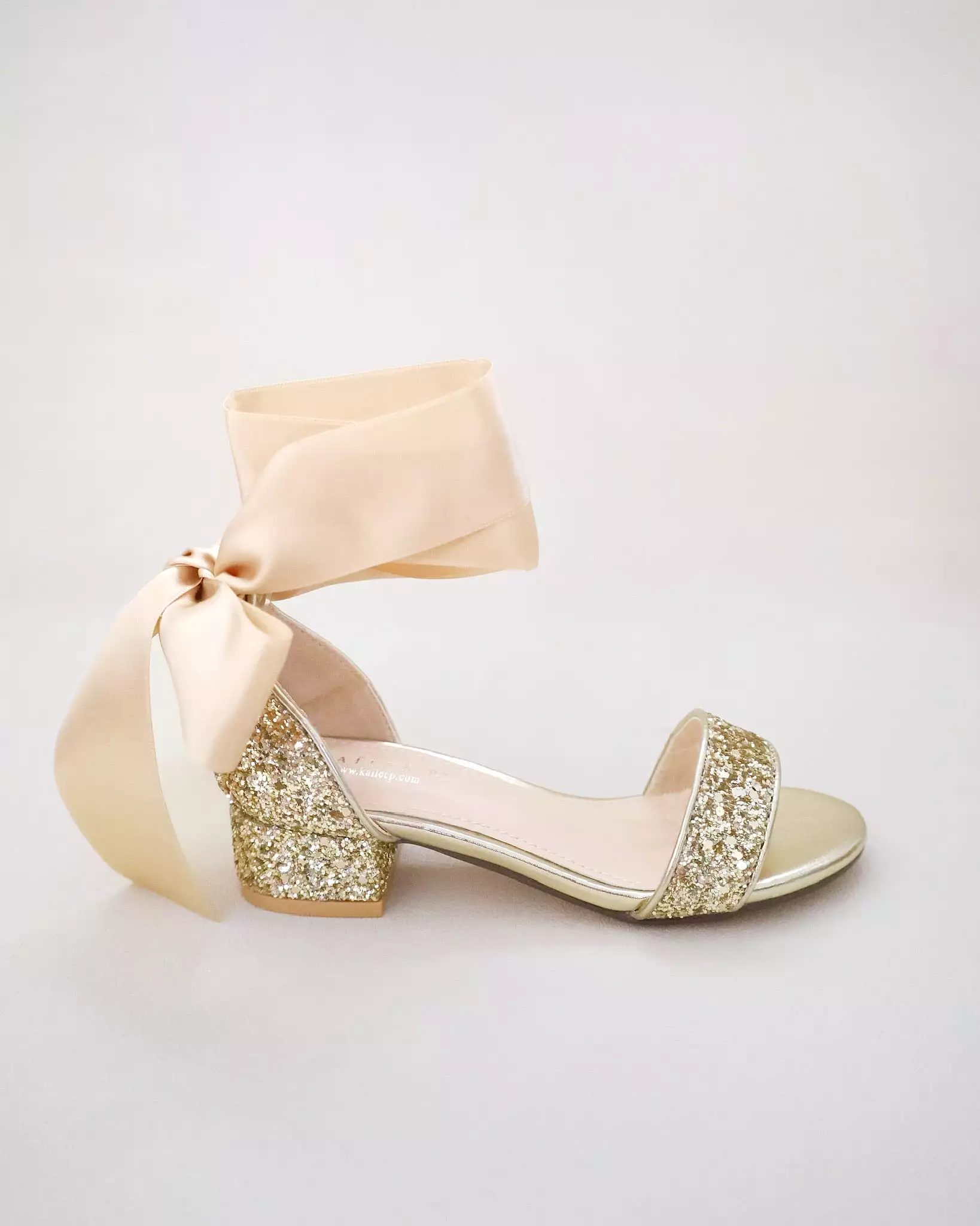 Gold Rock Glitter Low Block Heel Girls Sandals with Wrapped Satin Tie