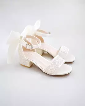 Ivory Crochet Lace Low Block Heel Girls Sandals with Back Satin Bow