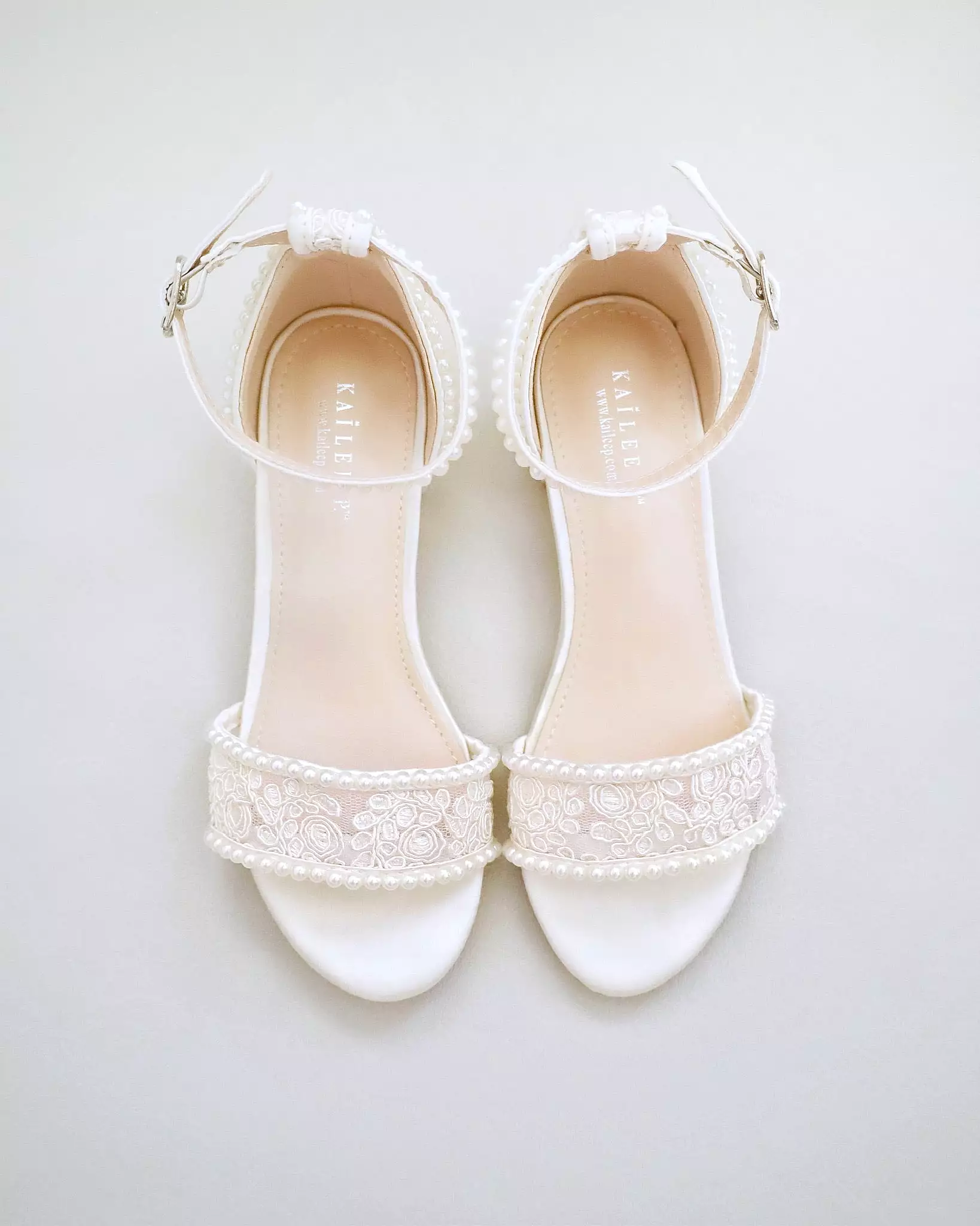 Ivory Crochet Lace Low Block Heel Girls Sandals with Mini Pearls