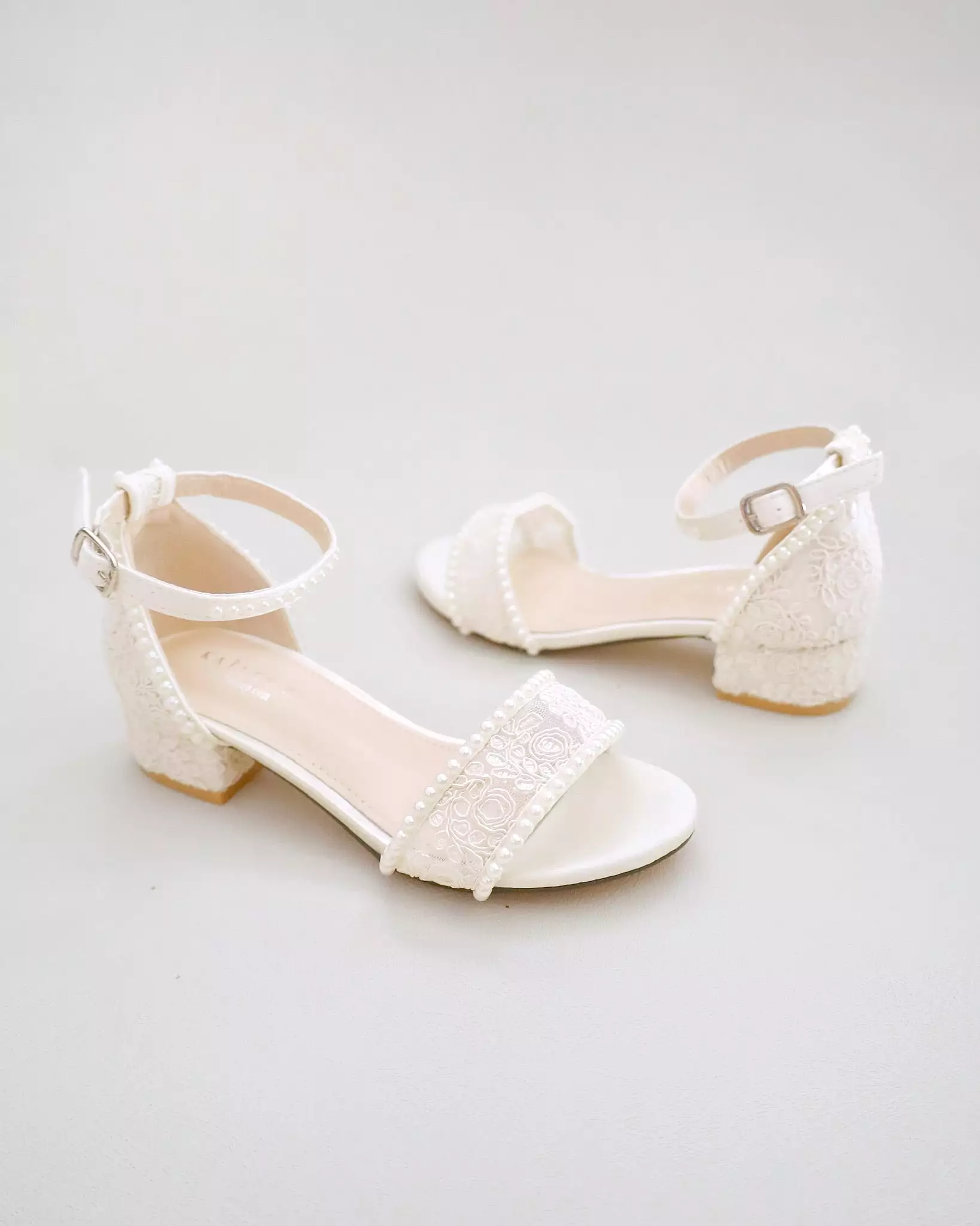 Ivory Crochet Lace Low Block Heel Girls Sandals with Mini Pearls