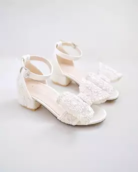 Ivory Lace Low Block Heel Girls Sandals with Oversized Crochet Bow