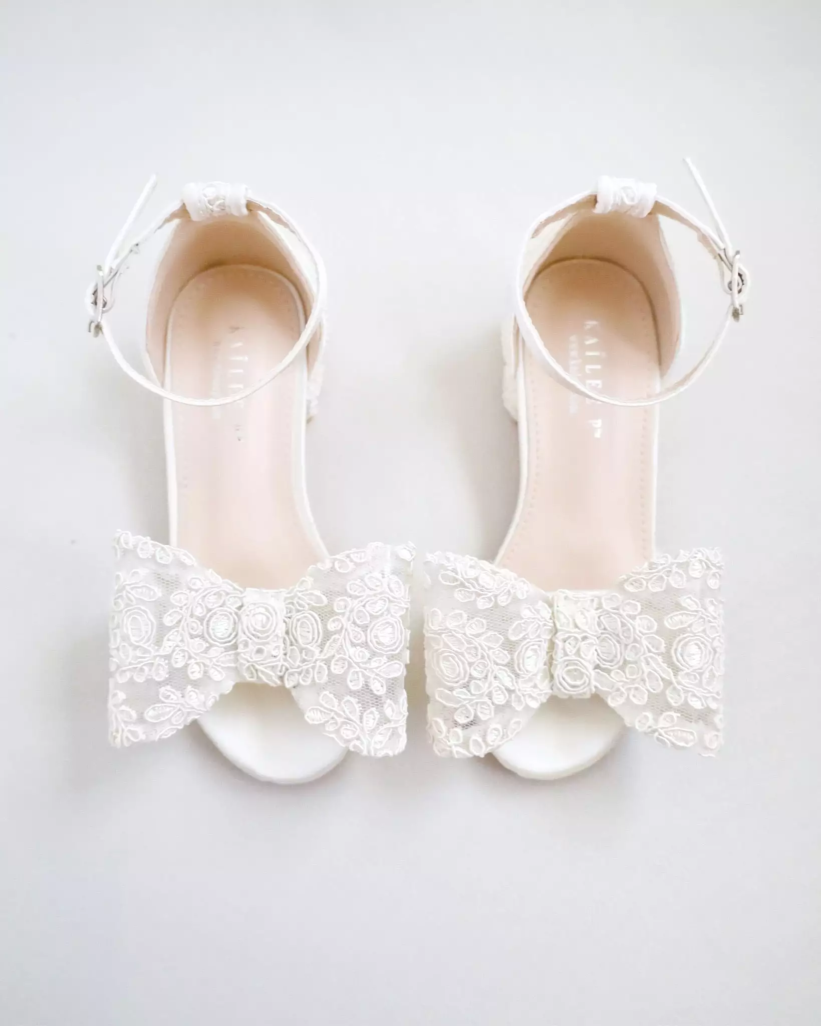 Ivory Lace Low Block Heel Girls Sandals with Oversized Crochet Bow