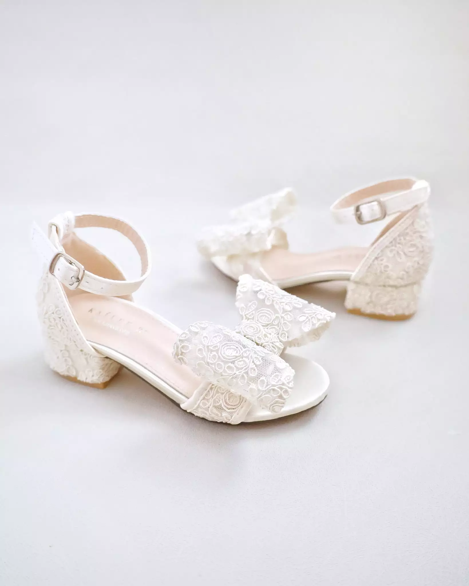 Ivory Lace Low Block Heel Girls Sandals with Oversized Crochet Bow