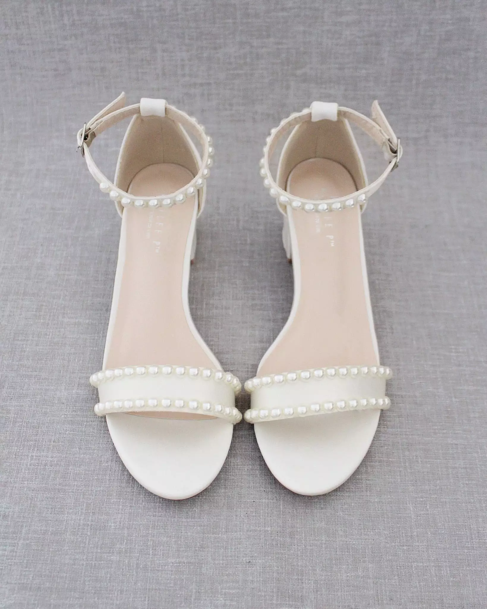 Ivory Satin Block Heel Sandals with Pearls