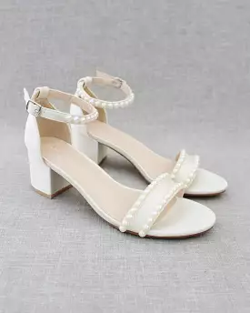 Ivory Satin Block Heel Sandals with Pearls