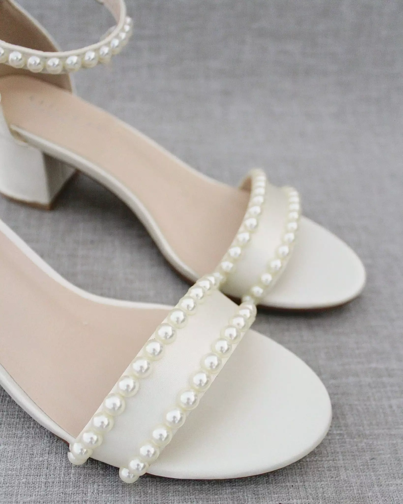 Ivory Satin Block Heel Sandals with Pearls