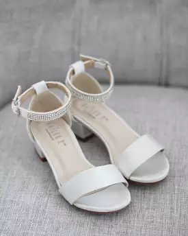 Ivory Satin Girls Block Heel Sandals with Mini Rhinestones Embellished Ankle Strap