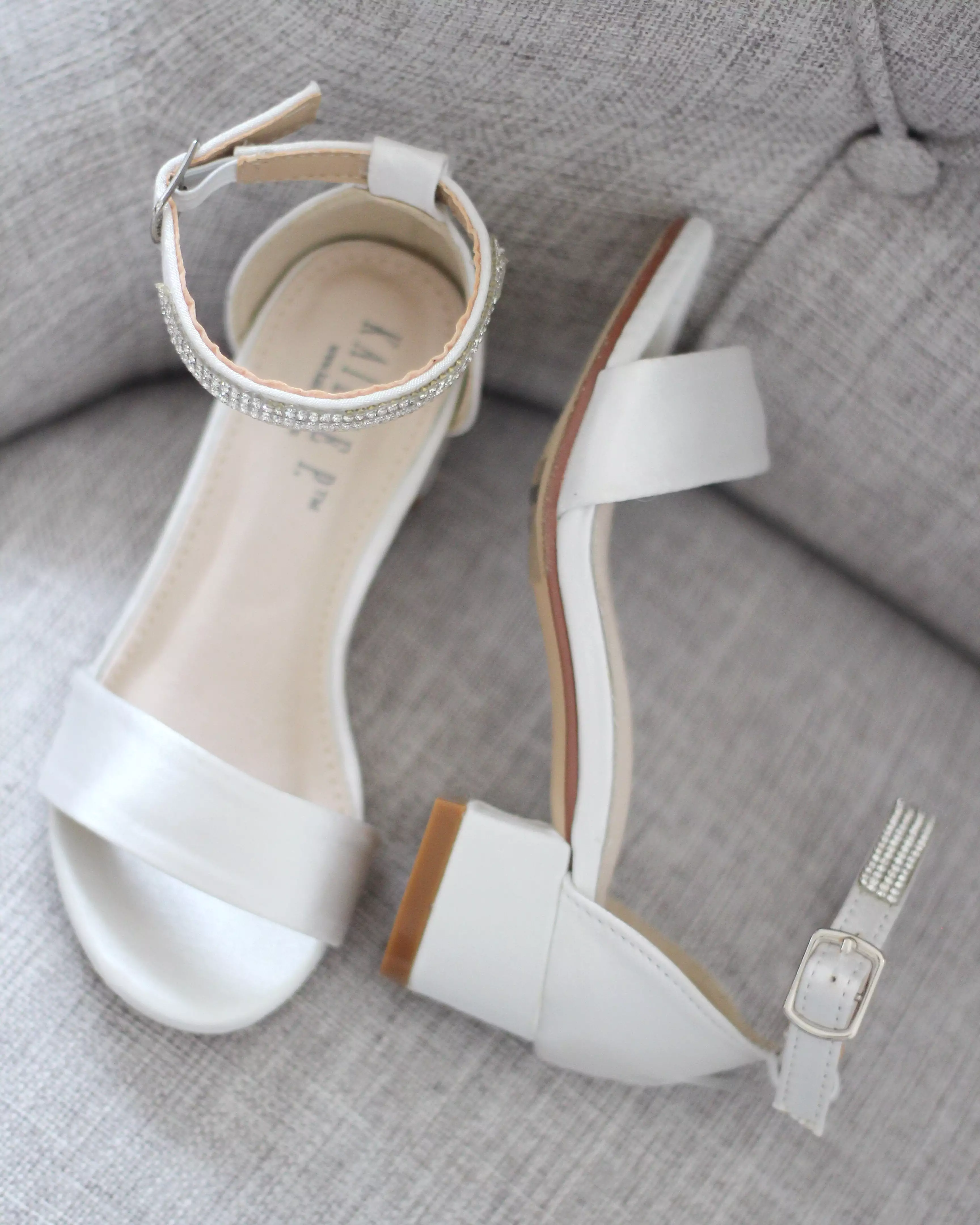 Ivory Satin Girls Block Heel Sandals with Mini Rhinestones Embellished Ankle Strap