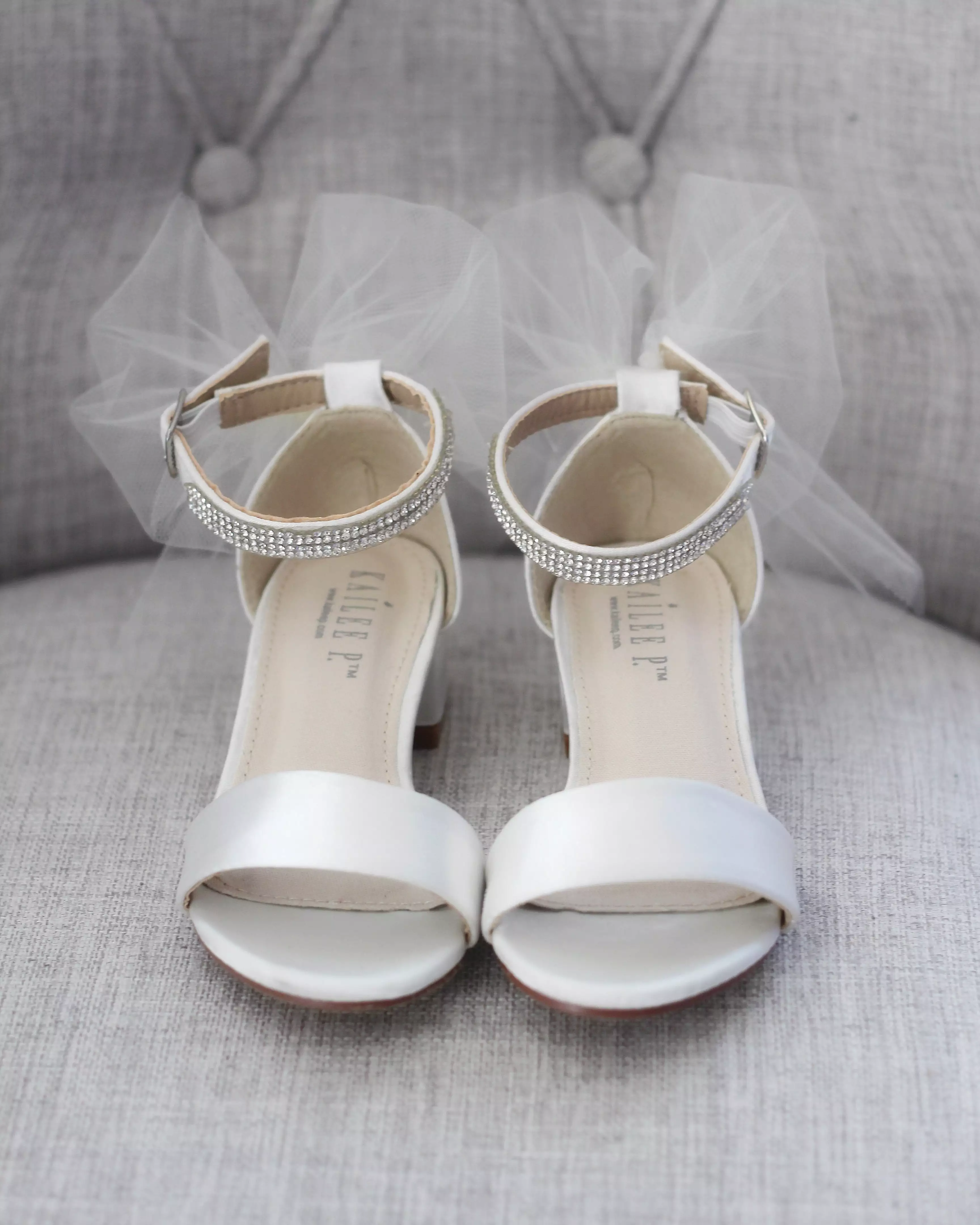 Ivory Satin Girls Block Heel Sandals with Tulle Back Bow