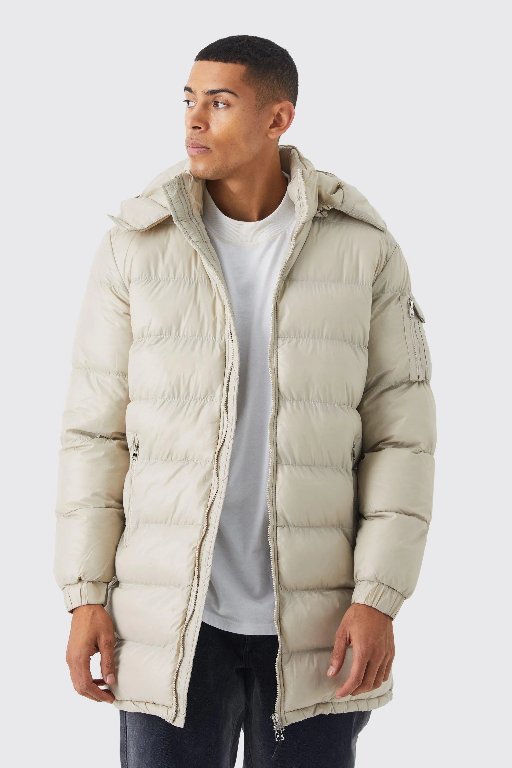 Longline High Shine Padded Puffer With Hood | boohooMAN UK