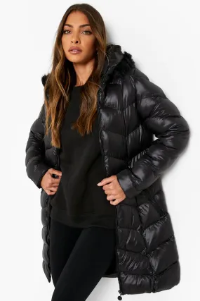 Longline Quilted Faux Fur Trim Puffer