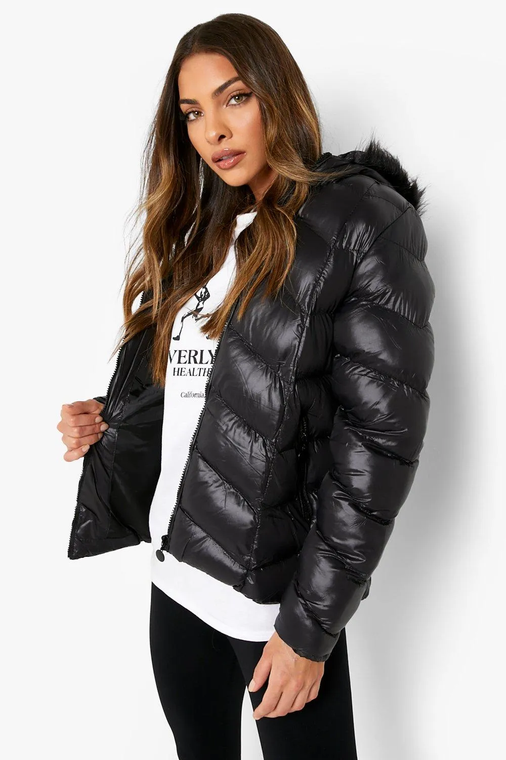 Quilted Faux Fur Trim Puffer