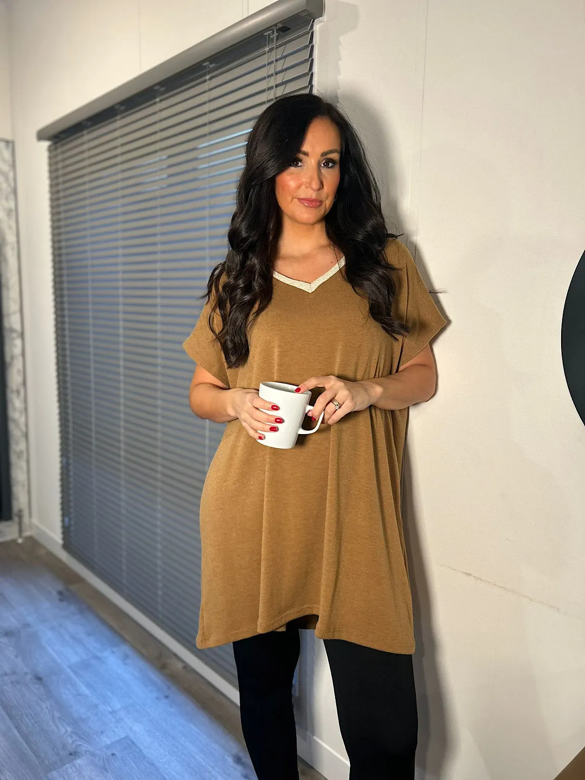 Tan Shimmer V Neck Tunic Lucy